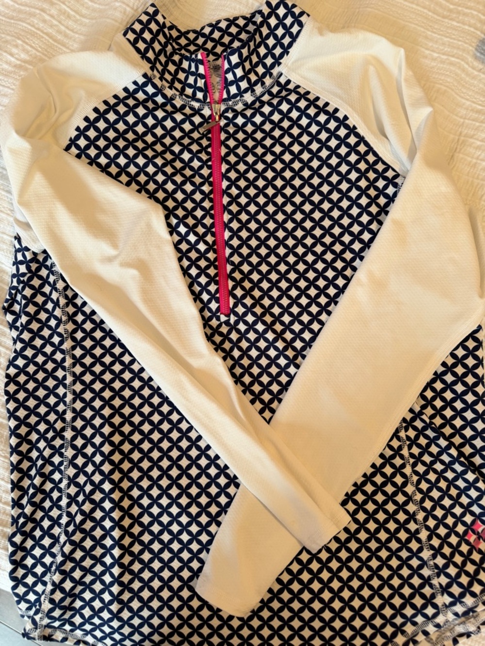 Geometric Navy & White Half-Zip Pullover with Pink Trim